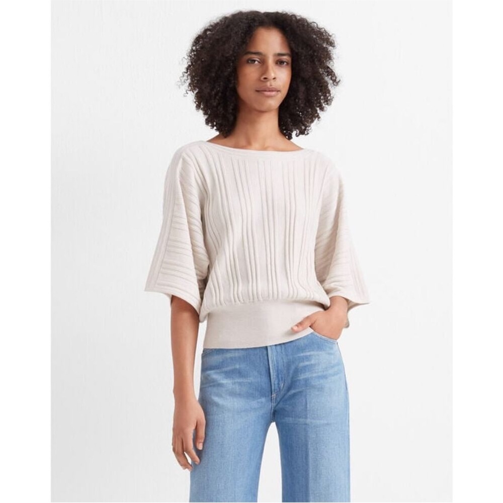 Club Monaco Light Cream Ribbed Dolman Short-Sleeve Sweater